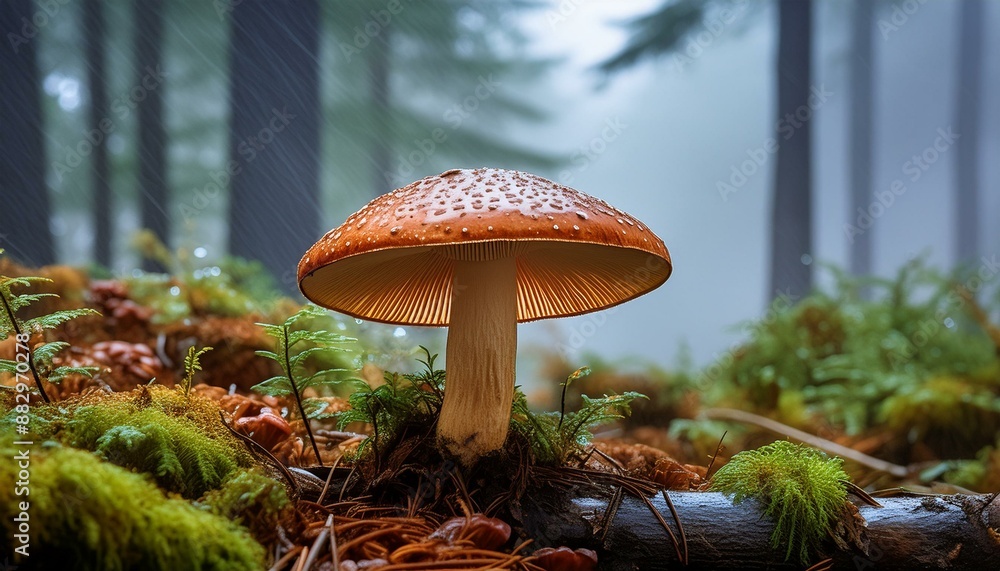 Fototapeta premium macro background of a mushroom in a foggy rain forest
