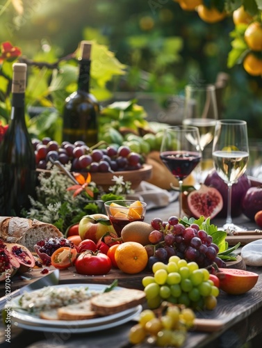 A wooden table set with plates of food and glasses of wine, perfect for a dinner party or special occasion