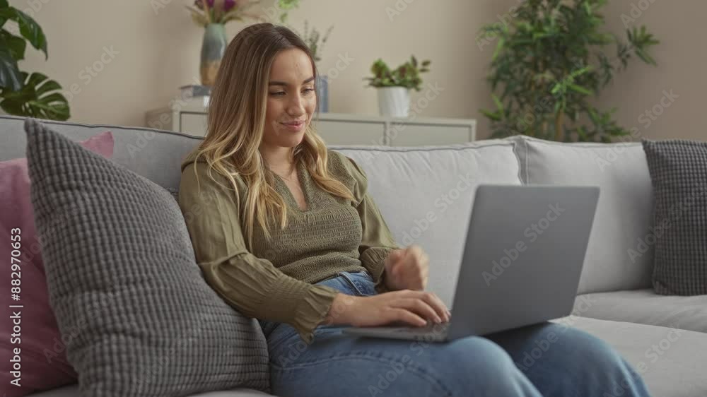 A young, attractive woman sitting on a comfortable sofa in an urban apartment, using a laptop for a video call, surrounded by cozy pillows and indoor plants. A young, attractive woman sitting on a comfortable sofa in an urban apartment, using a laptop for a video call, surrounded by cozy pillows and indoor plants.