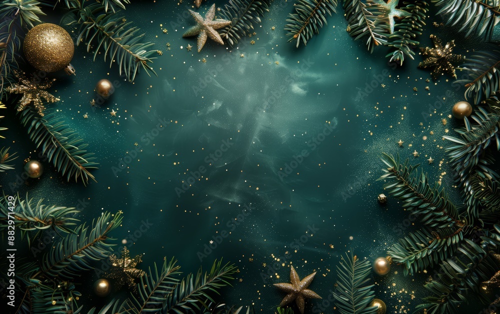 Deep Green Christmas Background with Festive Golden Ornaments Deep Green Christmas Background with Festive Golden Ornaments