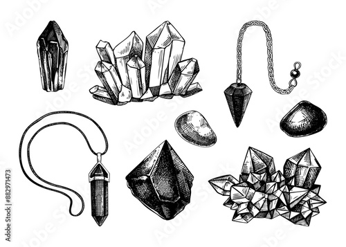 Gemstones and crystal vector illustration. Hand-drawn stone sketches. Alchemy, witchcraft,
Halloween design element.  NOT AI generated
