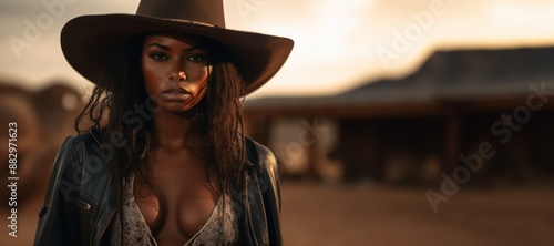 A sexy beautiful badass african cowgirl wearing lingerwear - Amazing cowgirl background - Clothes are in the raw, tough and grunge dessous like style - Black cowgirl wallpaper, ai generated © Seussi