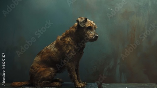 A portrait of a scruffy brown dog sitting against a moody teal-green background. The lighting creates a dramatic, artistic atmosphere, highlighting the dog's facial features and fur texture.