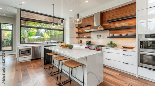A modern, open-concept kitchen with white cabinets, wood accents, and a large island. Features include pendant lights, stainless steel appliances, and a large window overlooking a garden.
