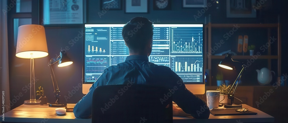 A professional analyzing data on multiple monitors in a dimly lit office A professional analyzing data on multiple monitors in a dimly lit office