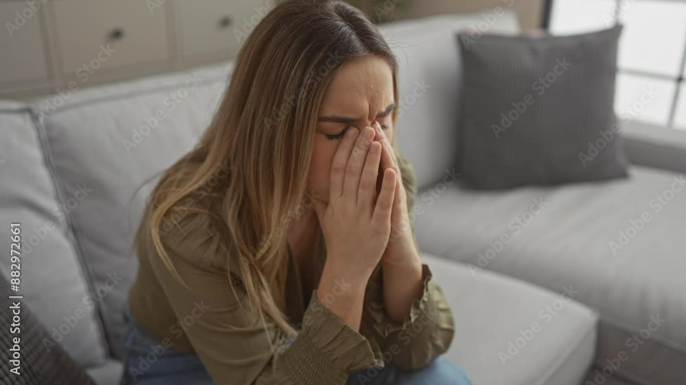 A worried woman sitting on a couch with hands covering her face in a home interior setting.