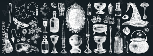Witchcraft hand-drawn vector illustrations set ion chalkboard. Vintage Halloween sketches. Antique apothecary, alchemy design elements. NOT AI generated