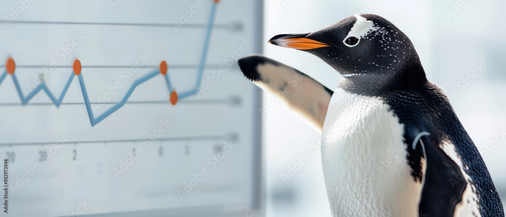 Fototapeta premium A penguin points at a line graph on a whiteboard, humorously suggesting an analysis or presentation in an office-like setting.