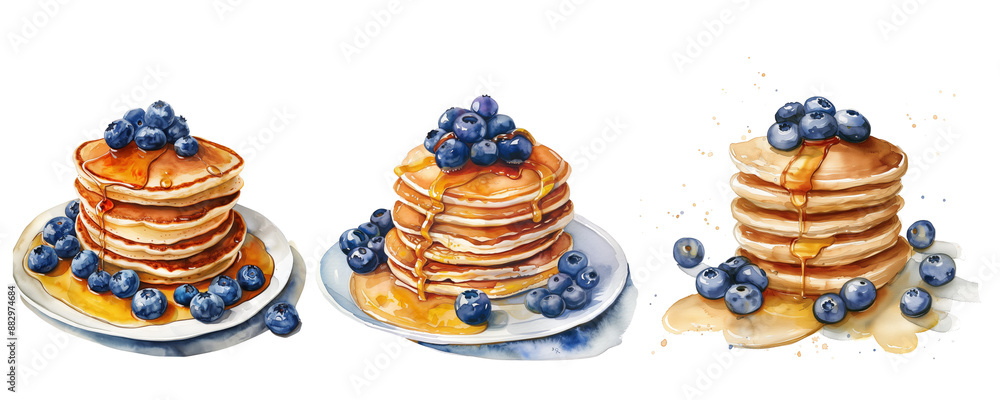 Set of Pancakes with Blueberries and Maple Syrup Watercolor isolated on transparent background Set of Pancakes with Blueberries and Maple Syrup Watercolor isolated on transparent background