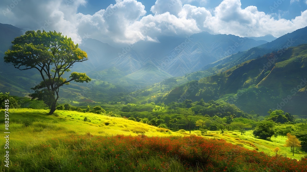 Obraz premium Majestic view of beautiful lush green valley with trees and colorful grass against picturesque high mountains. 