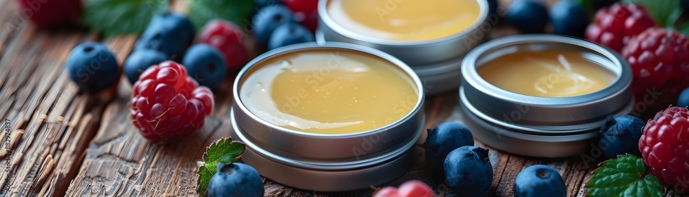 Natural Lip Balms in Rustic Setting with Fresh Berries and Beeswax on Wooden Table Natural Lip Balms in Rustic Setting with Fresh Berries and Beeswax on Wooden Table