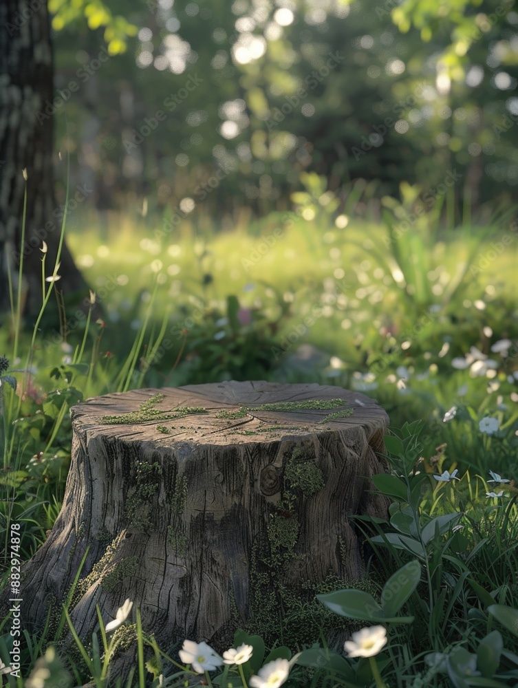 A cuddly teddy bear perched on top of a rustic tree stump A cuddly teddy bear perched on top of a rustic tree stump