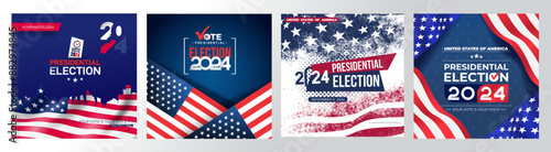 Square poster vector graphic of United States flag set. Presidential election and year 2024 perfect for election day in United States. USA star with american flag colors and vector symbols. November 5