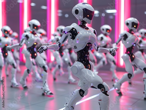 Synchronized Humanoid Robots Showcasing Fluid Dance Performance in Futuristic Setting