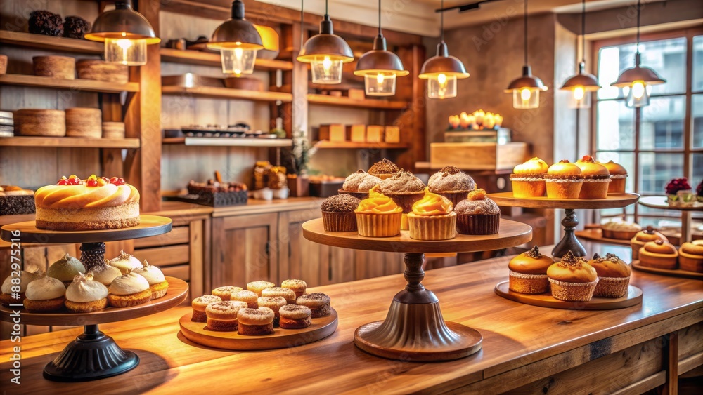 Warm and inviting bakery interior showcases stunning array of sweet treats on circular pedestals in a well-lit atmosphere. Warm and inviting bakery interior showcases stunning array of sweet treats on circular pedestals in a well-lit atmosphere.
