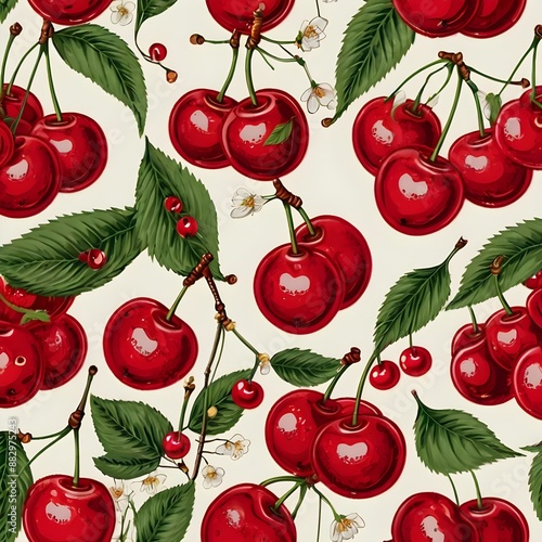 Cherry pattern for fabric, paper, wallpaper with sweet cherry illustration, fruit design for print Gerenative AI