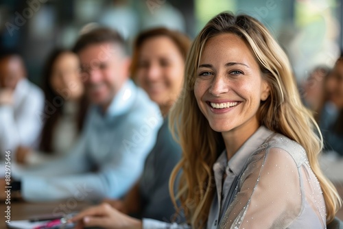 High-resolution photo of businesswoman with team, professionally styled.