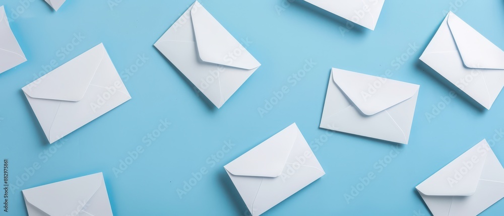 White Envelopes Scattered on a Light Blue Background White Envelopes Scattered on a Light Blue Background