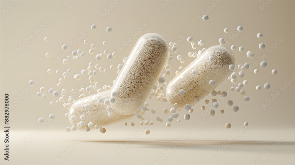 Obraz premium A beige capsules float on a beige background.