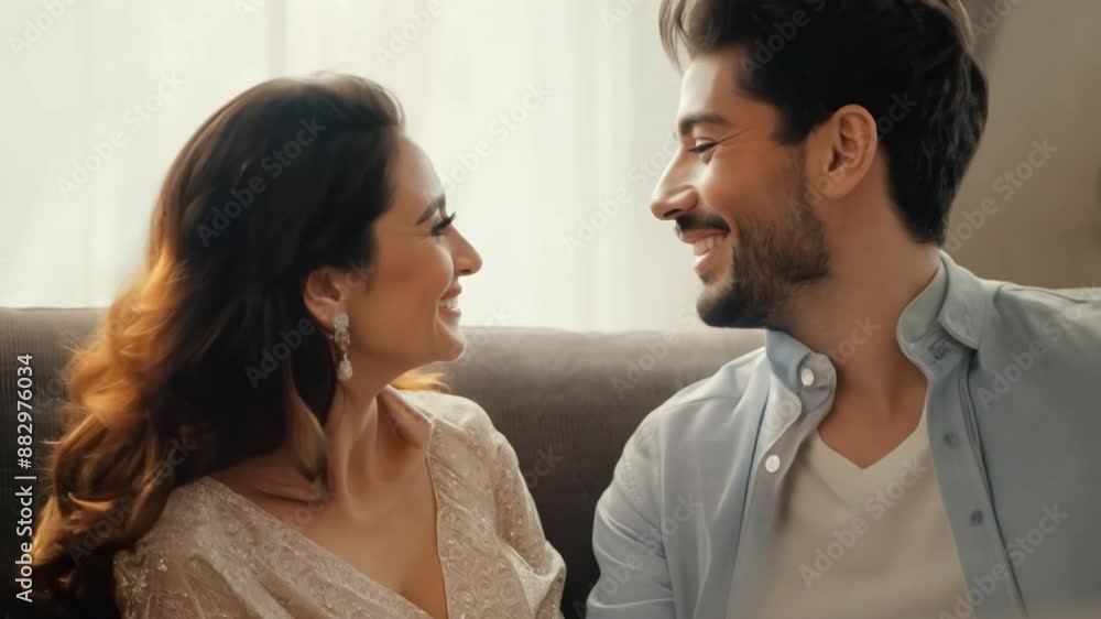 Couple sitting on the sofa and smiling at each other The scene is happy and affectionate. Couple sitting on the sofa and smiling at each other The scene is happy and affectionate.