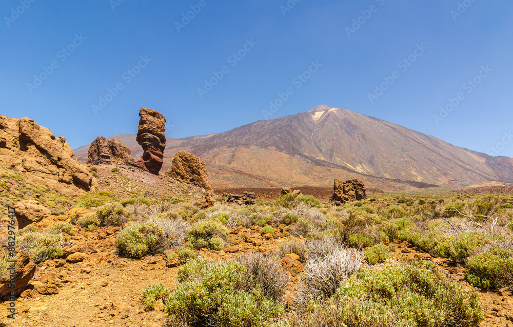 Teide volcano and lava fields in the foreground volcanic formation called the finger of god Teide volcano and lava fields in the foreground volcanic formation called the finger of god