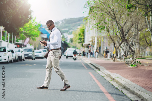 Business man, walking and phone on city road with morning commute and social media break. Urban, travel and street with professional and mobile text outdoor with online map search and tech of worker