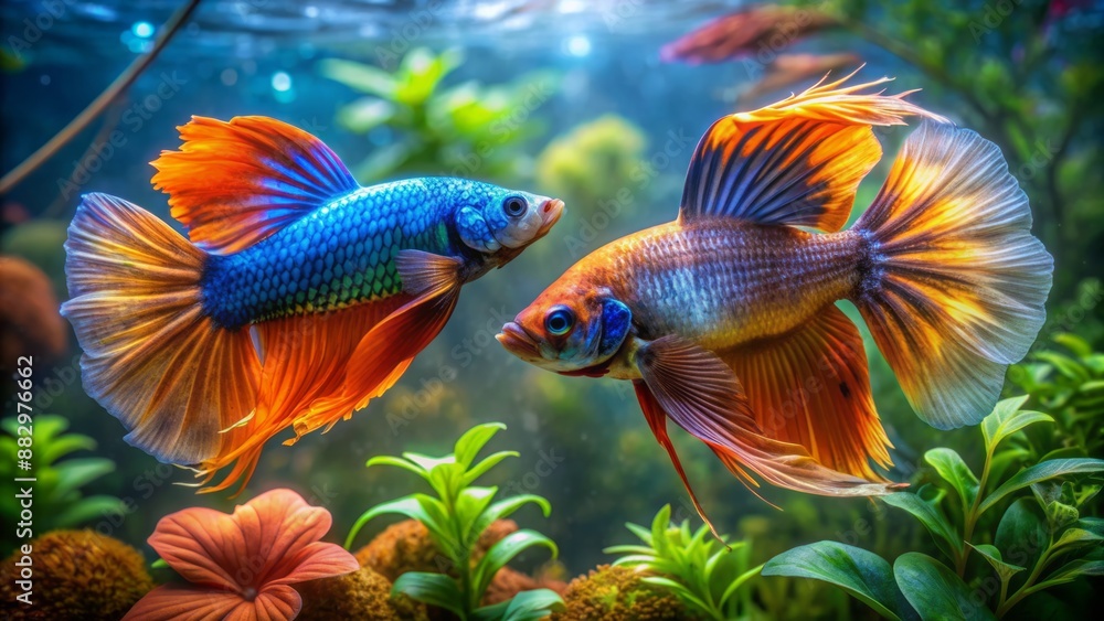 Fototapeta premium Vibrant, intricately scaled, orange and blue fighting fish engage in fierce underwater battle amidst aquatic plants in a small pond.