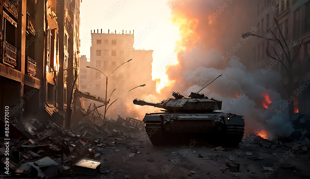 A tank drives through a war-torn city, smoke and debris fill the air, a sense of destruction and conflict. A tank drives through a war-torn city, smoke and debris fill the air, a sense of destruction and conflict.