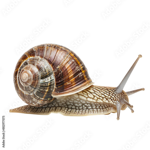 A small, brown and white snail is crawling on a white background photo