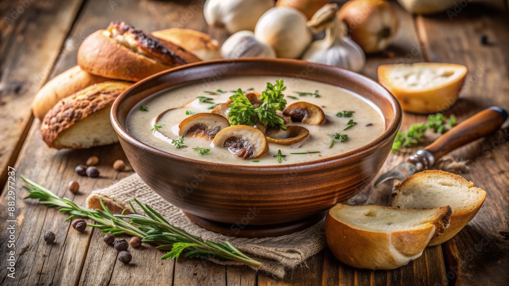 A steaming hot bowl of creamy soup filled with saut?ed mushrooms, garnished with fresh thyme and crusty bread on side. A steaming hot bowl of creamy soup filled with saut?ed mushrooms, garnished with fresh thyme and crusty bread on side.
