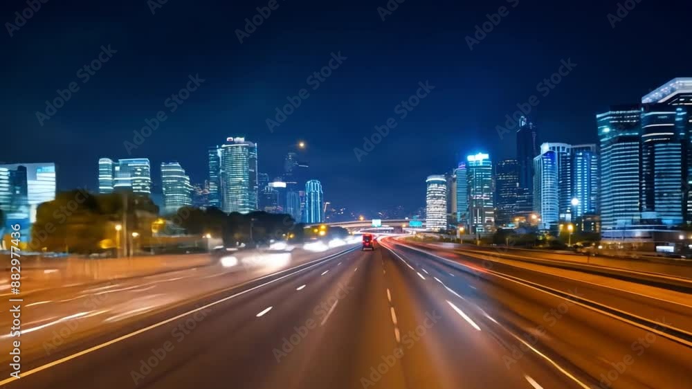 A busy city street at night with cars driving down the road. The street is illuminated by street lights and the cars are moving quickly. Concept of hustle and bustle A busy city street at night with cars driving down the road. The street is illuminated by street lights and the cars are moving quickly. Concept of hustle and bustle