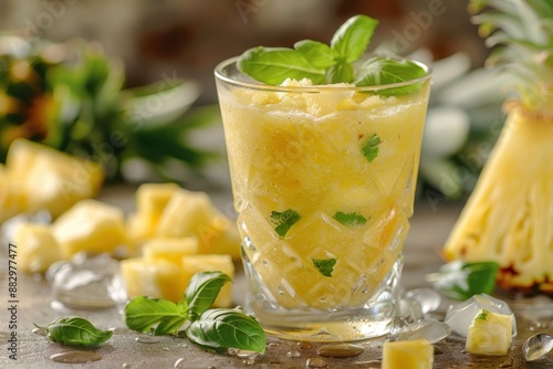 Refreshing Pineapple Smoothie with Basil Garnish