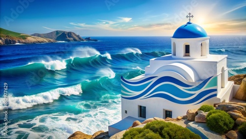 Vibrant logo featuring a serene white church atop a stylized Greek island, encircled by undulating blue and green oceanic waves. photo