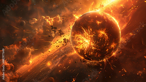  A dystopian solar planet experiencing the effects of a massive coronal mass ejection, with fiery explosions and atmospheric disturbances  photo