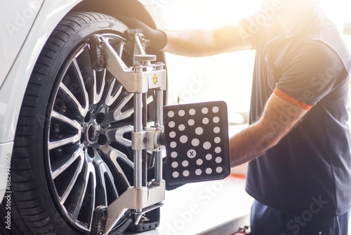 Εκτύπωση καμβά A technician placing sensors on the tires for precise vehicle wheel alignment, e