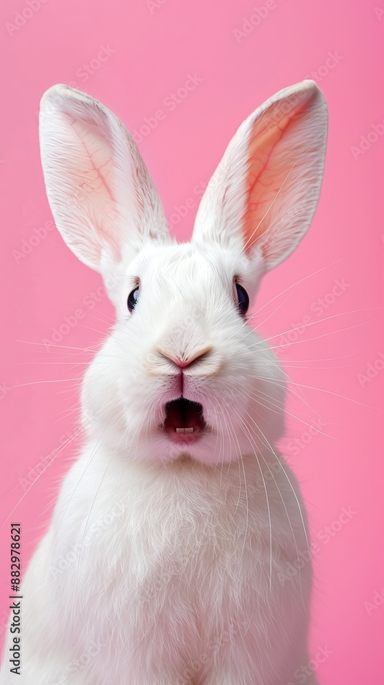 A cute white rabbit appears on a pink background, displaying a surprised expression A cute white rabbit appears on a pink background, displaying a surprised expression