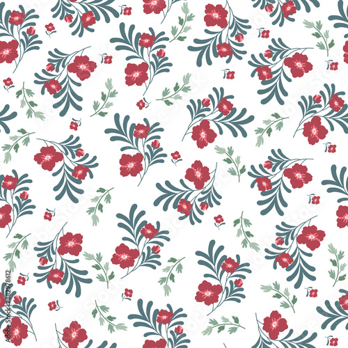 coquette seamless red flowers pattern. Delicate petals and vibrant blossoms create an artistic and vintage botanical illustration. Perfect for wallpaper, fabric, wrapping paper and more.