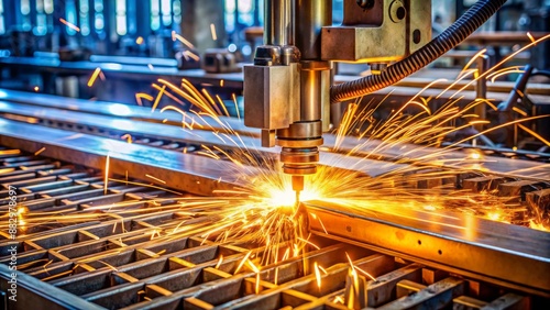 High-precision computer-controlled cutting machine blasts metallic ironwork with hot gas, crafting intricate industrial details in a heavy machinery workshop.
