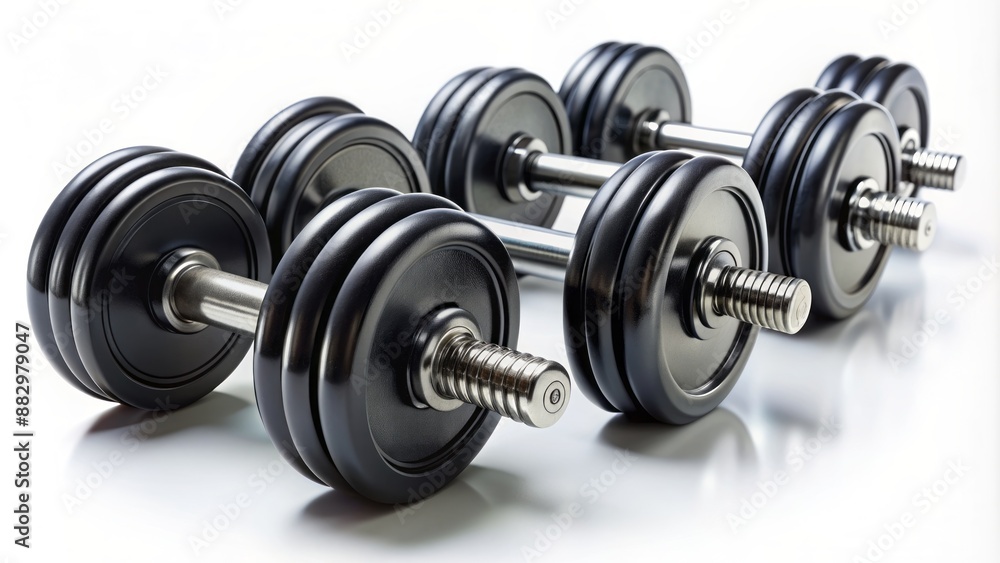 Black dumbbells isolated on a plain white background, arranged in a neat row, with subtle shadows and soft lighting. Black dumbbells isolated on a plain white background, arranged in a neat row, with subtle shadows and soft lighting.