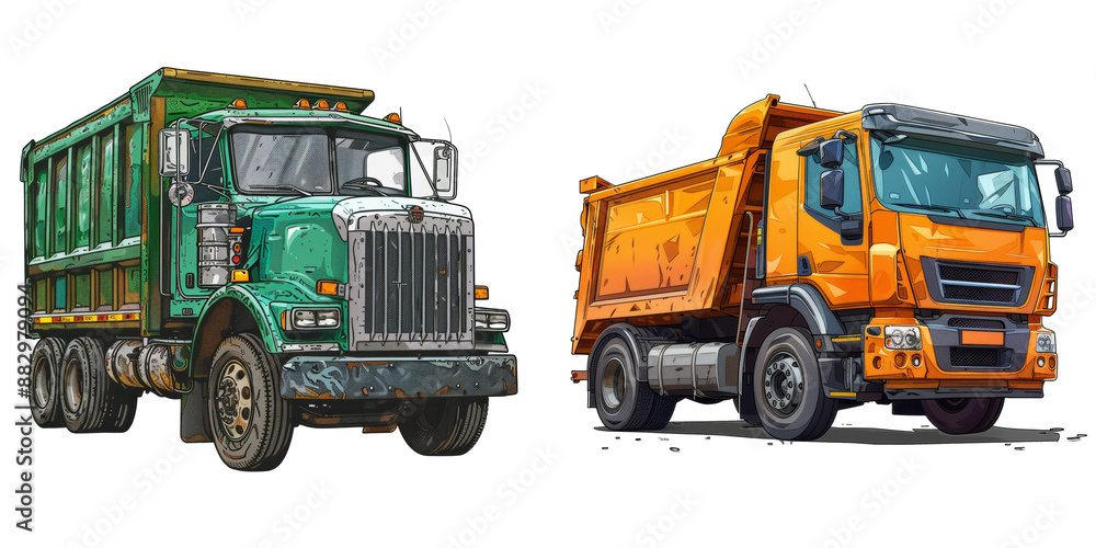 Garbage Trash Truck Clipart Illustration Set Isolated on Transparent or White Background, PNG Garbage Trash Truck Clipart Illustration Set Isolated on Transparent or White Background, PNG