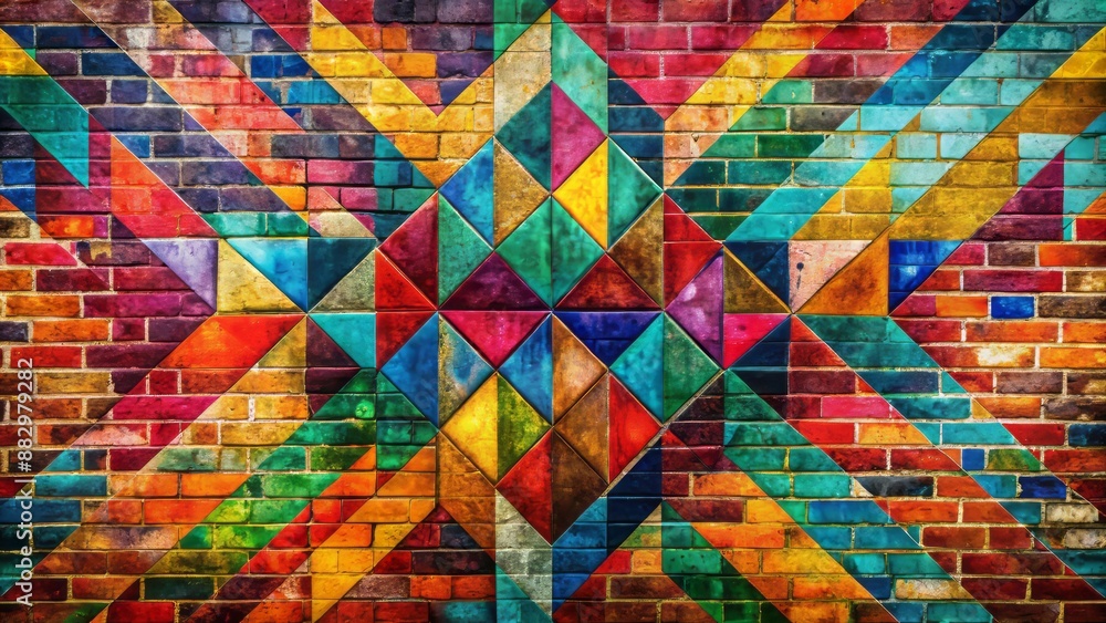 Vibrant abstract geometric shapes in bold colors intricately layered on a worn brick wall, exuding urban grit and rebellious energy. Vibrant abstract geometric shapes in bold colors intricately layered on a worn brick wall, exuding urban grit and rebellious energy.