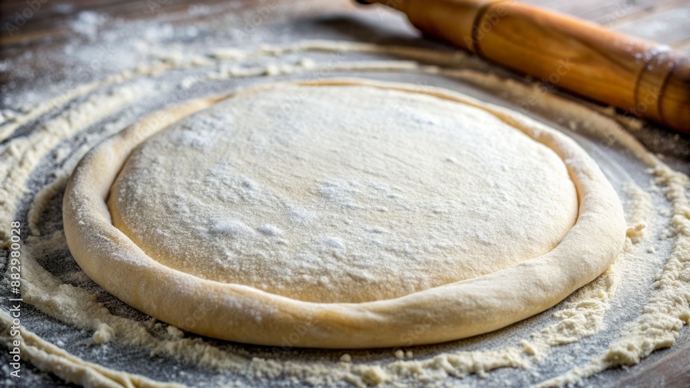 Freshly rolled out circular pizza dough on a floured surface, ready for toppings, beset by utensils and ingredients nearby. Freshly rolled out circular pizza dough on a floured surface, ready for toppings, beset by utensils and ingredients nearby.