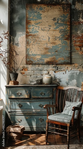 Vintage interior background featuring a distressed wall and a weathered chest of drawers with an antique map above.