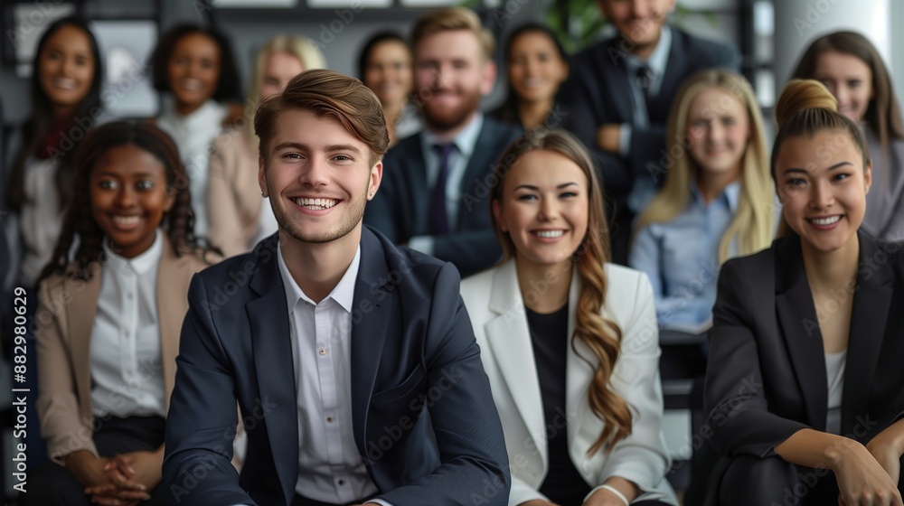 Office team smiling joyfully, captured in high resolution. Office team smiling joyfully, captured in high resolution.