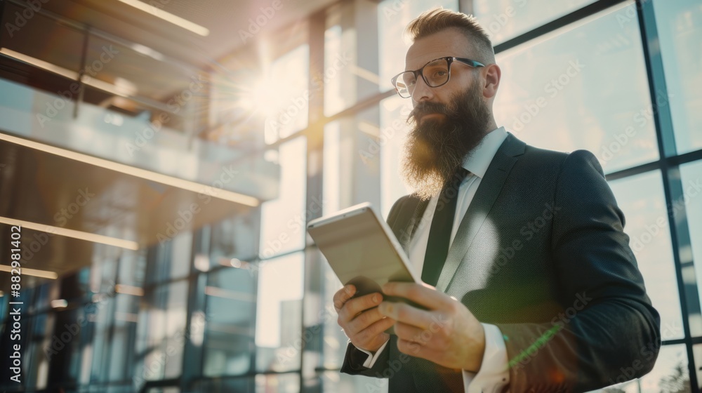 Bearded businessman holding tablet in light office, checking data through internet Bearded businessman holding tablet in light office, checking data through internet