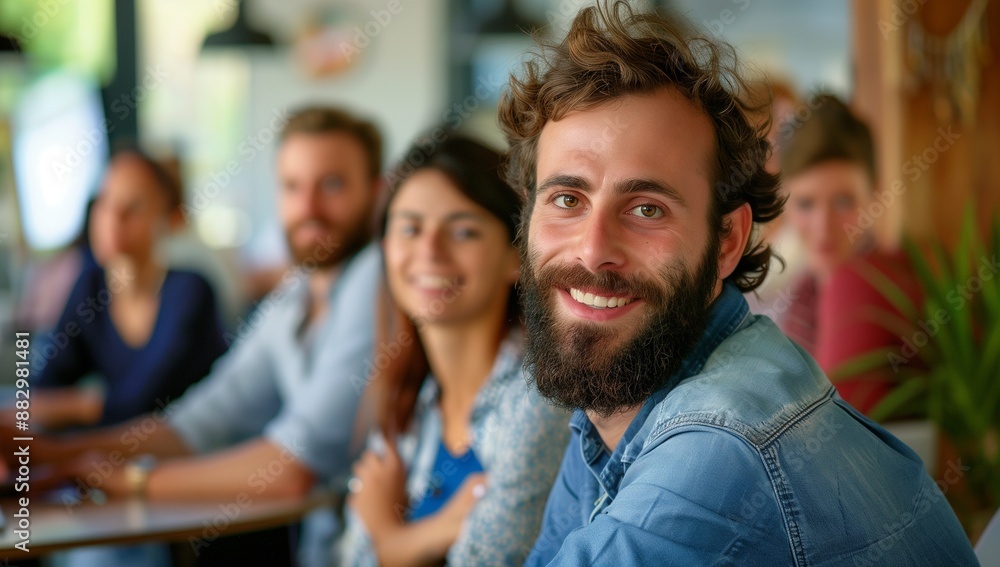 Happy office team in daylight, focus on man with beard and blue shirt. Happy office team in daylight, focus on man with beard and blue shirt.