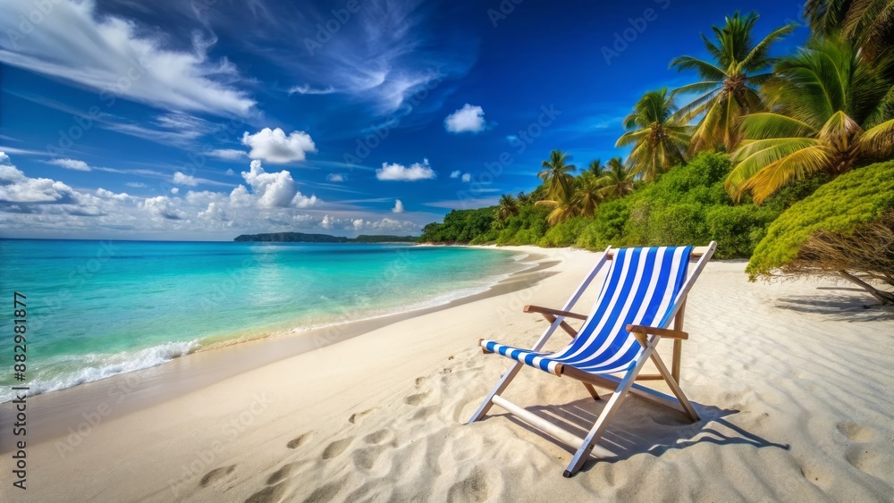 Vibrant blue and white striped beach chair sits alone on a serene, sun-kissed sandy beach surrounded by calm turquoise waters. Vibrant blue and white striped beach chair sits alone on a serene, sun-kissed sandy beach surrounded by calm turquoise waters.