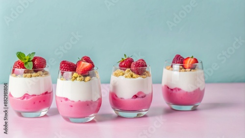Creamy parfait dessert with fresh raspberries and strawberries in glass cups photo