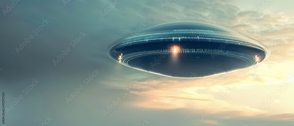 Fototapeta premium A Silver UFO Flying in the Twilight Sky