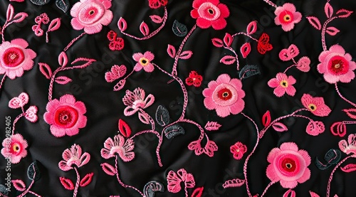 Wallpaper Mural Pink floral embroidery pattern on black fabric. Pink and red flowers embroidered on black cloth. Torontodigital.ca
